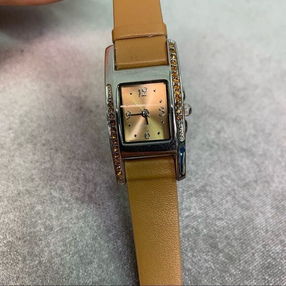 QUARTZ camel coloured rectangular crystal rhinestone trim watch - Picture 2 of 5